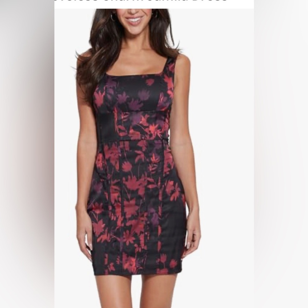 Guess Black Floral Sheath Dress with Square Neck